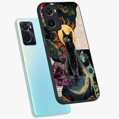Celestial Black Cat Glass Case displayed in angled mockup highlighting cosmic black cat design with celestial aesthetic.