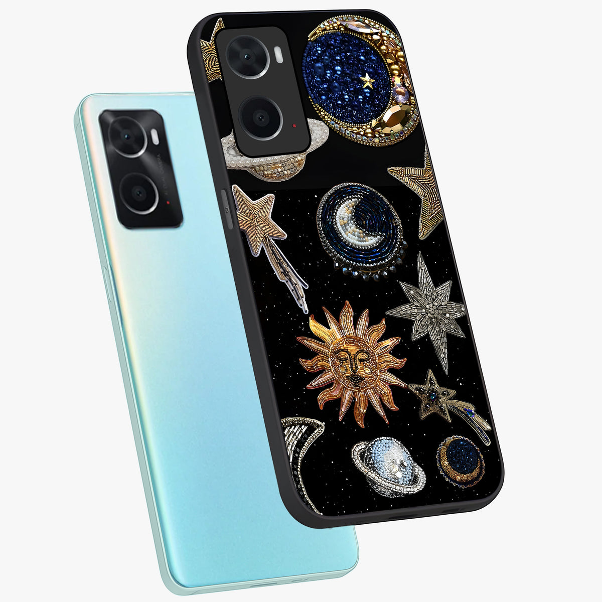 Celestial Gem Constellations Glass Case displayed in angled mockup highlighting gemstone inspired constellation design.