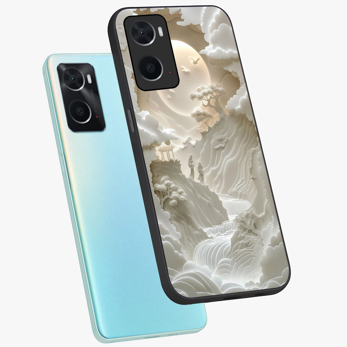 Celestial Origami Glass Case displayed in angled mockup highlighting geometric origami design with cosmic aesthetic theme.