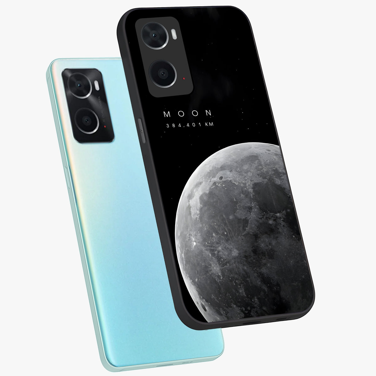 Cosmic Moon Glow Glass Case displayed in angled mockup highlighting celestial moon design with cosmic aesthetic theme.