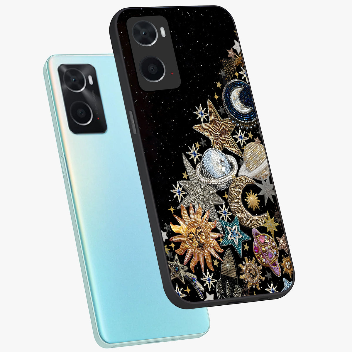 Cosmic Sparkle Dreams Glass Case displayed in angled mockup highlighting dreamy star sparkle design with celestial aesthetic.