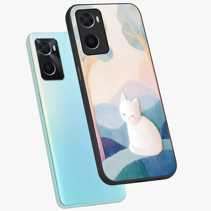 Cotton Dream Cat Glass Case displayed in angled mockup highlighting cute feline illustration with pastel aesthetic style.