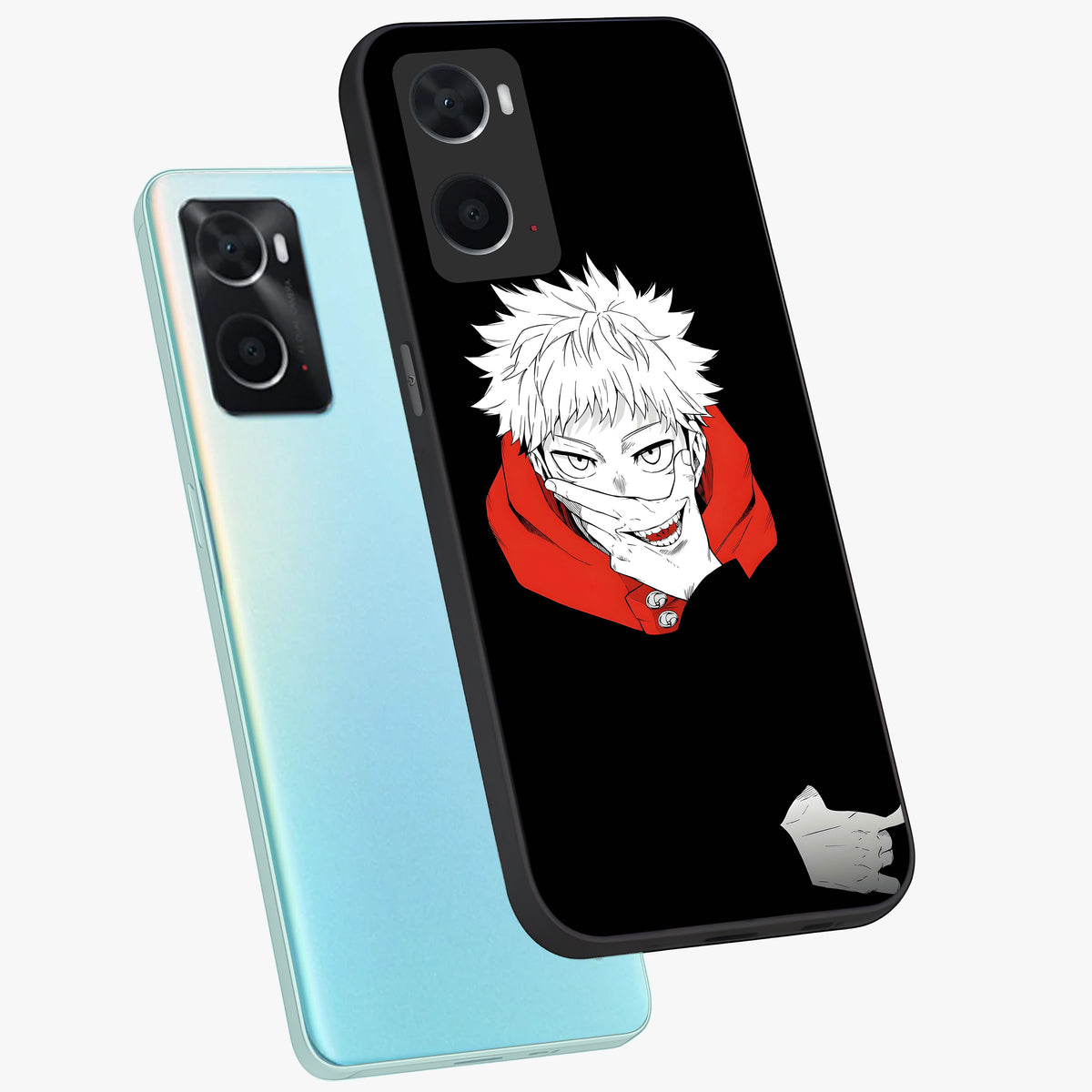 Crimson Chaos Smile Glass Case displayed in angled mockup highlighting edgy crimson smile design with graphic aesthetic.