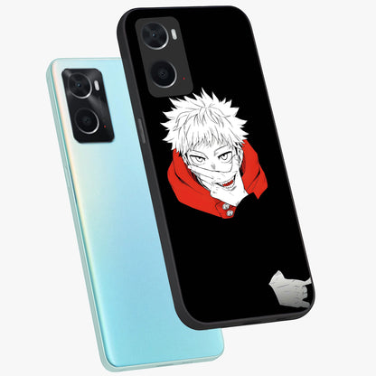 Crimson Chaos Smile Glass Case displayed in angled mockup highlighting edgy crimson smile design with graphic aesthetic.