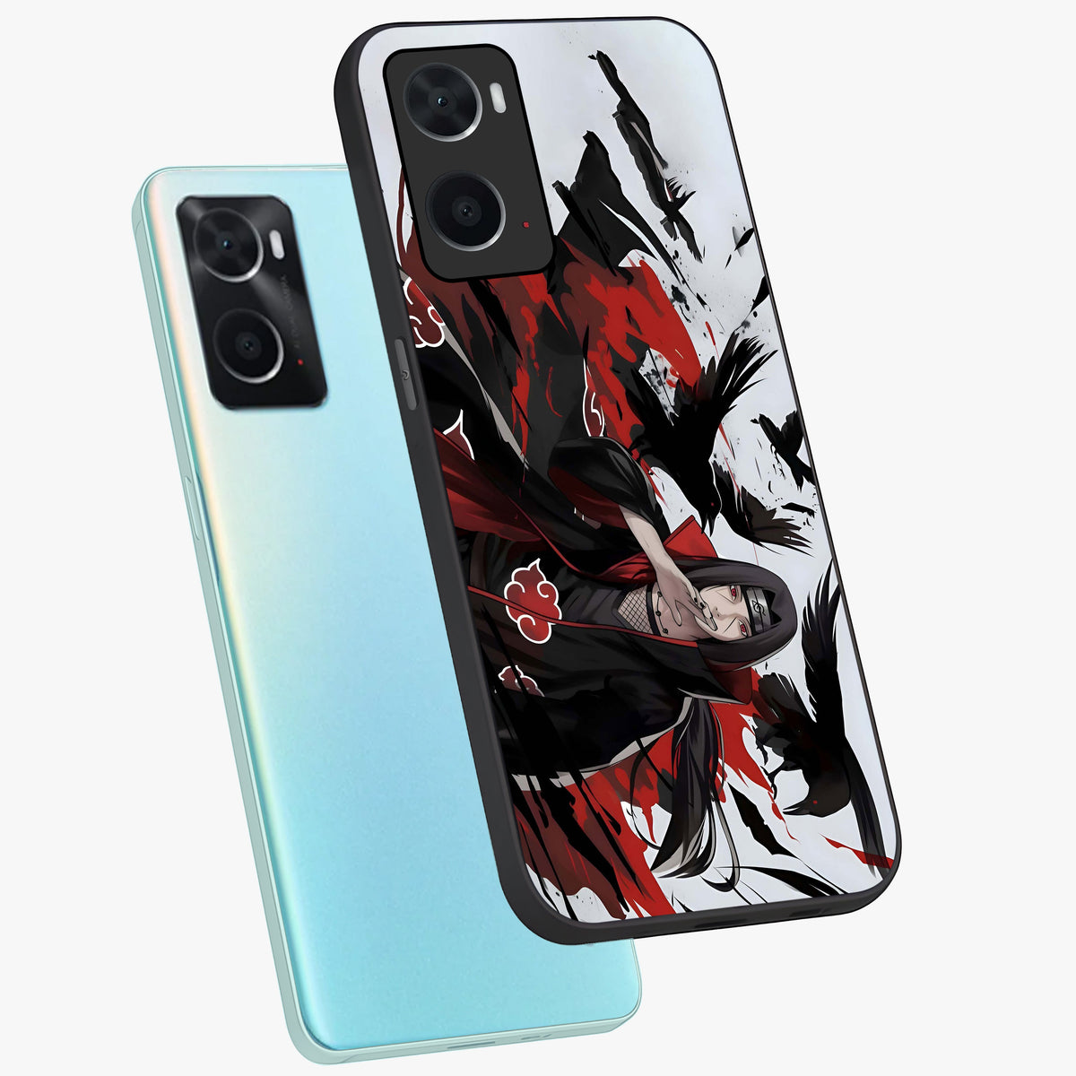Crimson Crow Illusion Glass Case displayed in angled mockup highlighting mysterious crow graphic with dark aesthetic style.