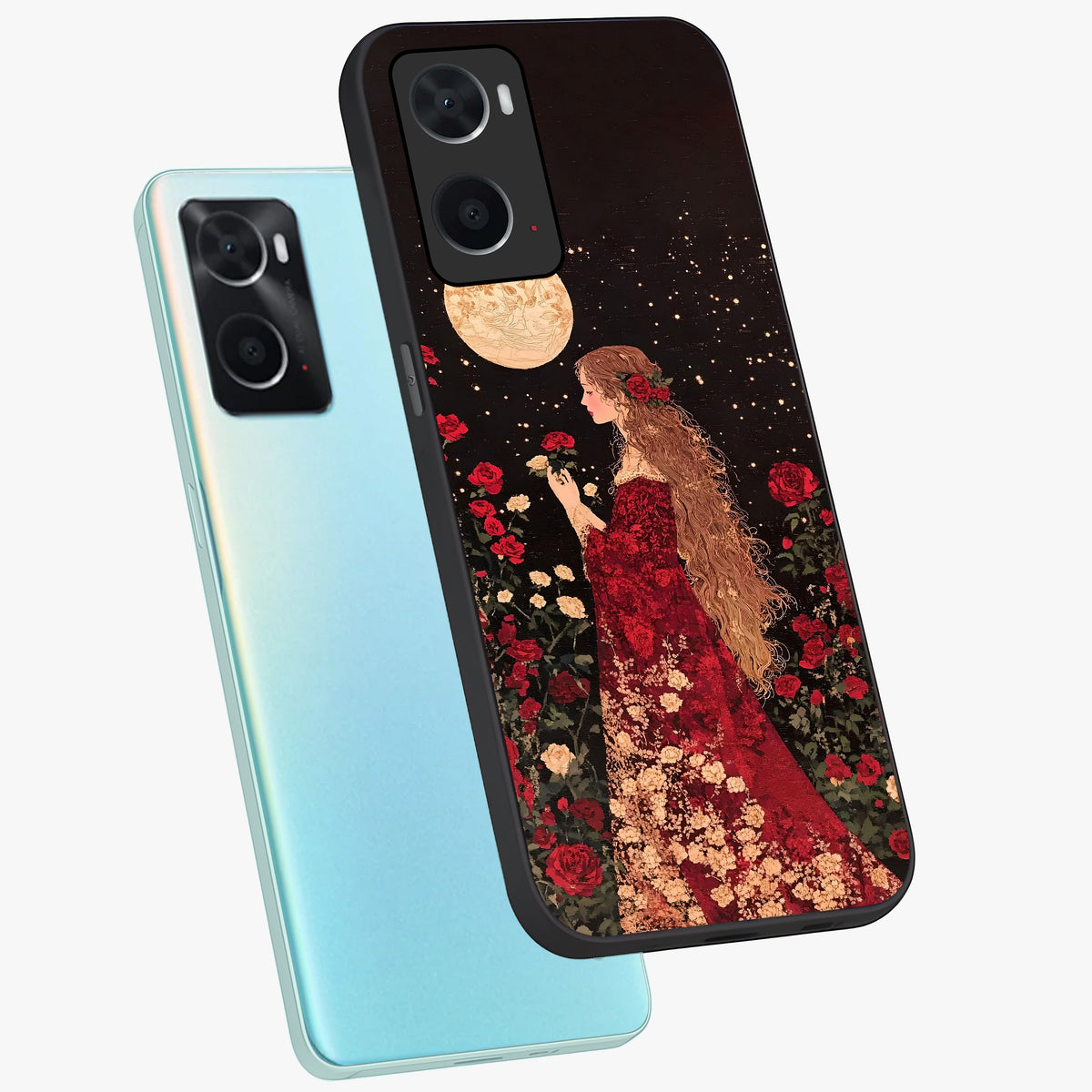 Crimson Dreams Glass Case displayed in angled mockup highlighting soft crimson aesthetic design with artistic theme.