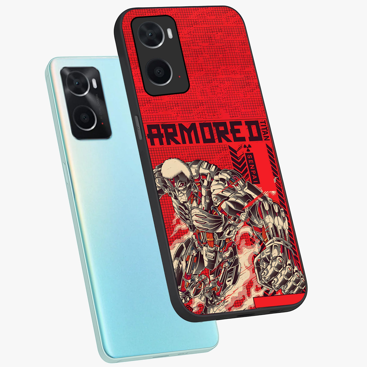 Crimson Mecha Titan Glass Case displayed in angled mockup highlighting futuristic mech illustration with bold crimson aesthetic.