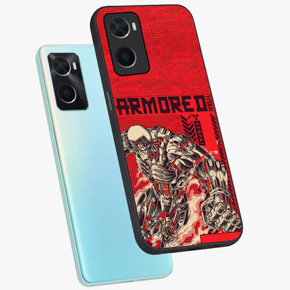 Crimson Mecha Titan Glass Case displayed in angled mockup highlighting futuristic mech illustration with bold crimson aesthetic.