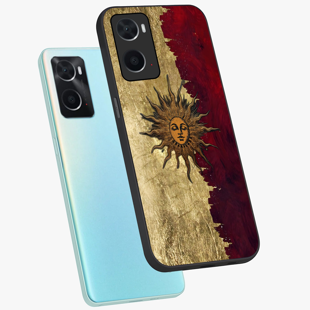 Crimson Sun Majesty Glass Case displayed in angled mockup highlighting majestic crimson sun design with bold aesthetic style.
