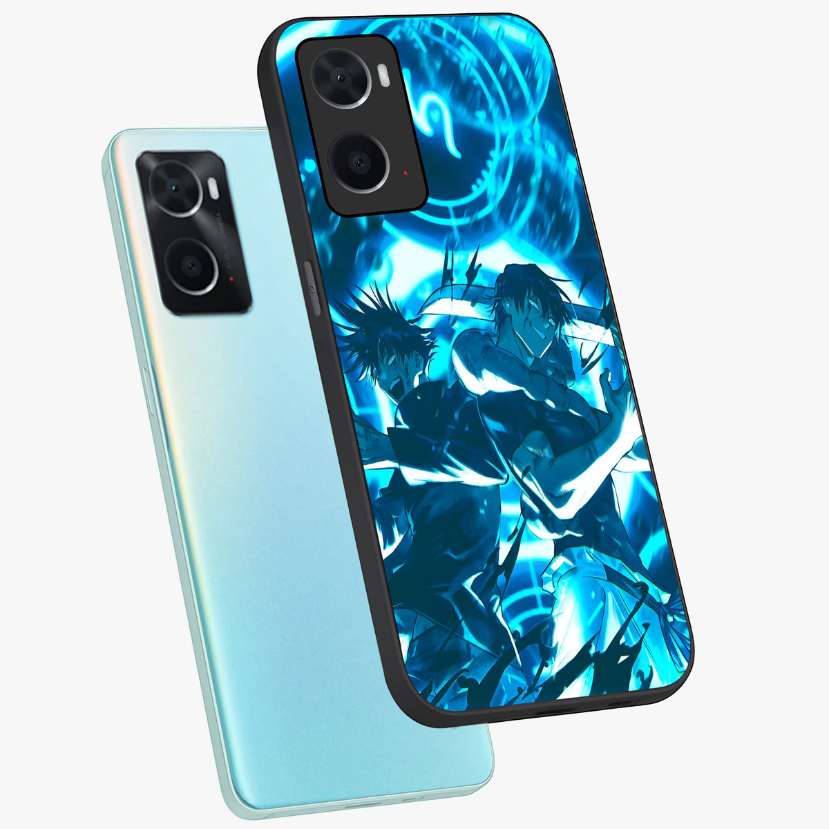 Cursed Energy Clash Glass Case displayed in angled mockup highlighting powerful battle inspired graphic with anime style aesthetic.