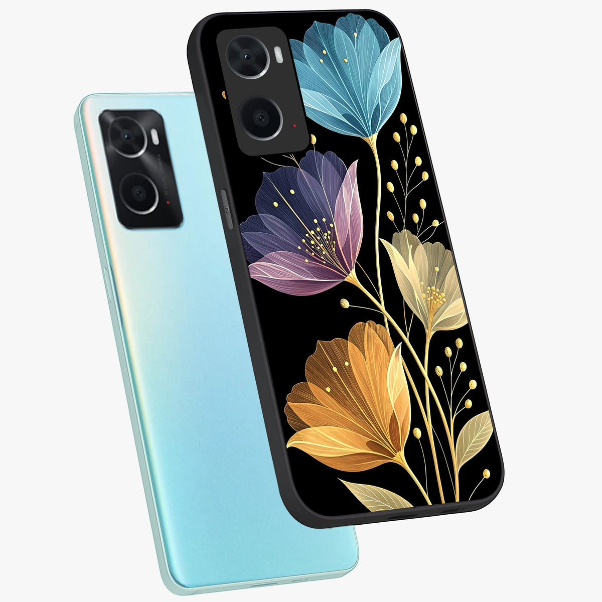 Delicate Multicolor Flowers Glass Case displayed in angled mockup highlighting colorful flower pattern with soft aesthetic style.