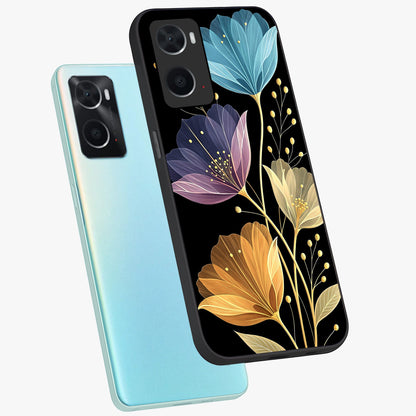 Delicate Multicolor Flowers Glass Case displayed in angled mockup highlighting colorful flower pattern with soft aesthetic style.