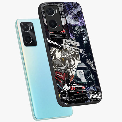 Die Young Glass Case displayed in angled mockup highlighting expressive graphic artwork with edgy aesthetic style.