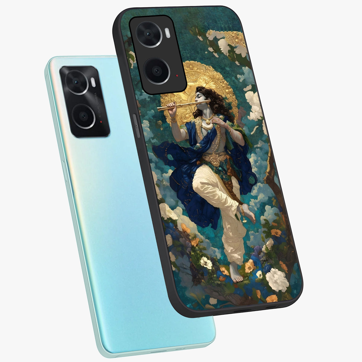 Divine Krishna Art Glass Case displayed in angled mockup highlighting spiritual Krishna illustration with devotional aesthetic.
