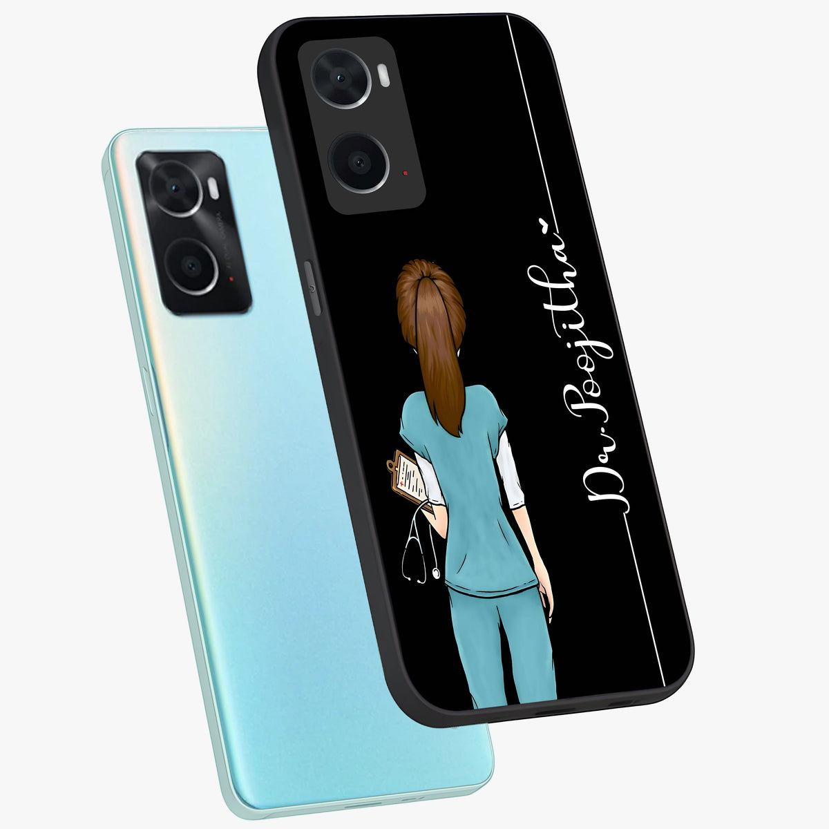 Doctor Pattern Custom Name Glass Case displayed in angled mockup highlighting doctor inspired artwork with custom name feature.