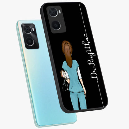 Doctor Pattern Custom Name Glass Case displayed in angled mockup highlighting doctor inspired artwork with custom name feature.