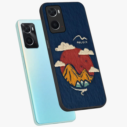 Dream Beyond Mountains Glass Case displayed in angled mockup highlighting dreamy mountain illustration with peaceful aesthetic.