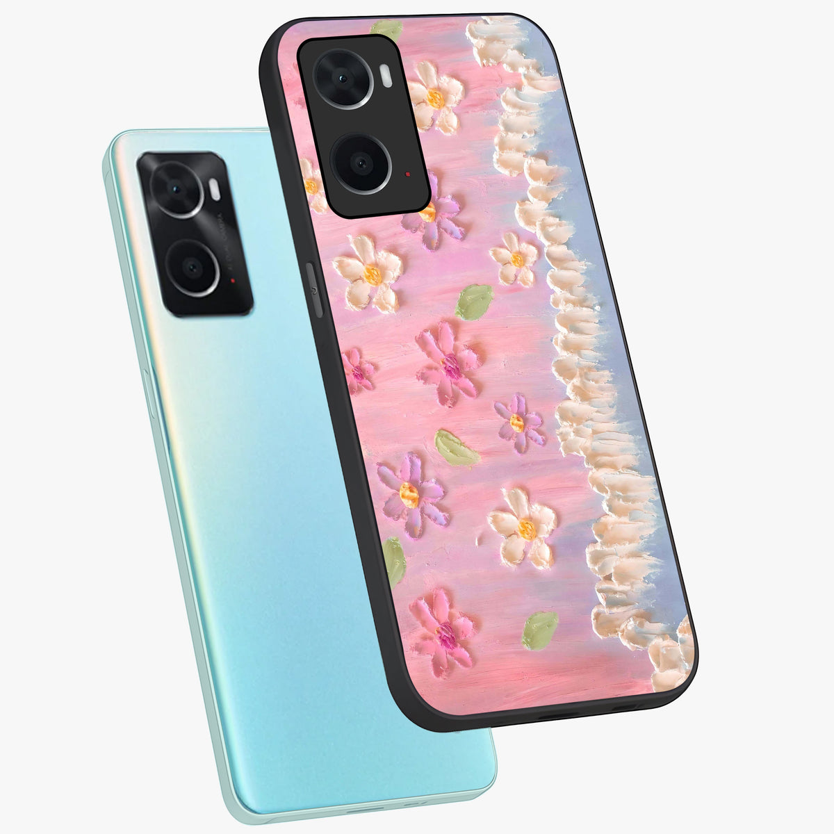 Dreamy Painted Garden Glass Case displayed in angled mockup highlighting colorful garden illustration with dreamy aesthetic style.
