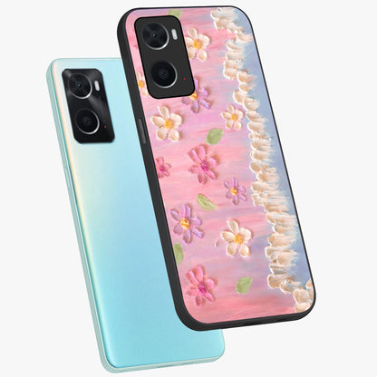 Dreamy Painted Garden Glass Case displayed in angled mockup highlighting colorful garden illustration with dreamy aesthetic style.