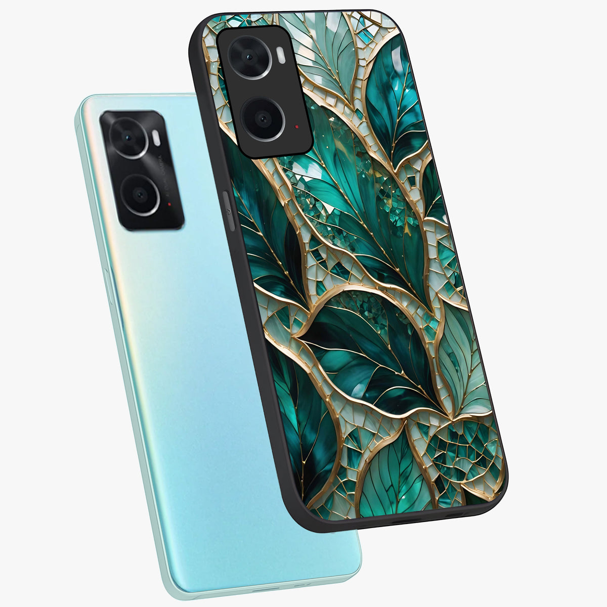 Emerald Leaf Glass Glass Case displayed in angled mockup highlighting botanical leaf illustration with elegant natural aesthetic.