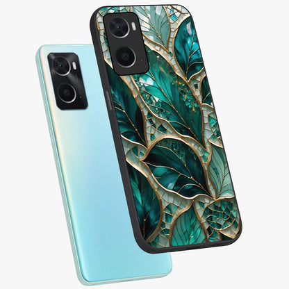Emerald Leaf Glass Glass Case displayed in angled mockup highlighting botanical leaf illustration with elegant natural aesthetic.