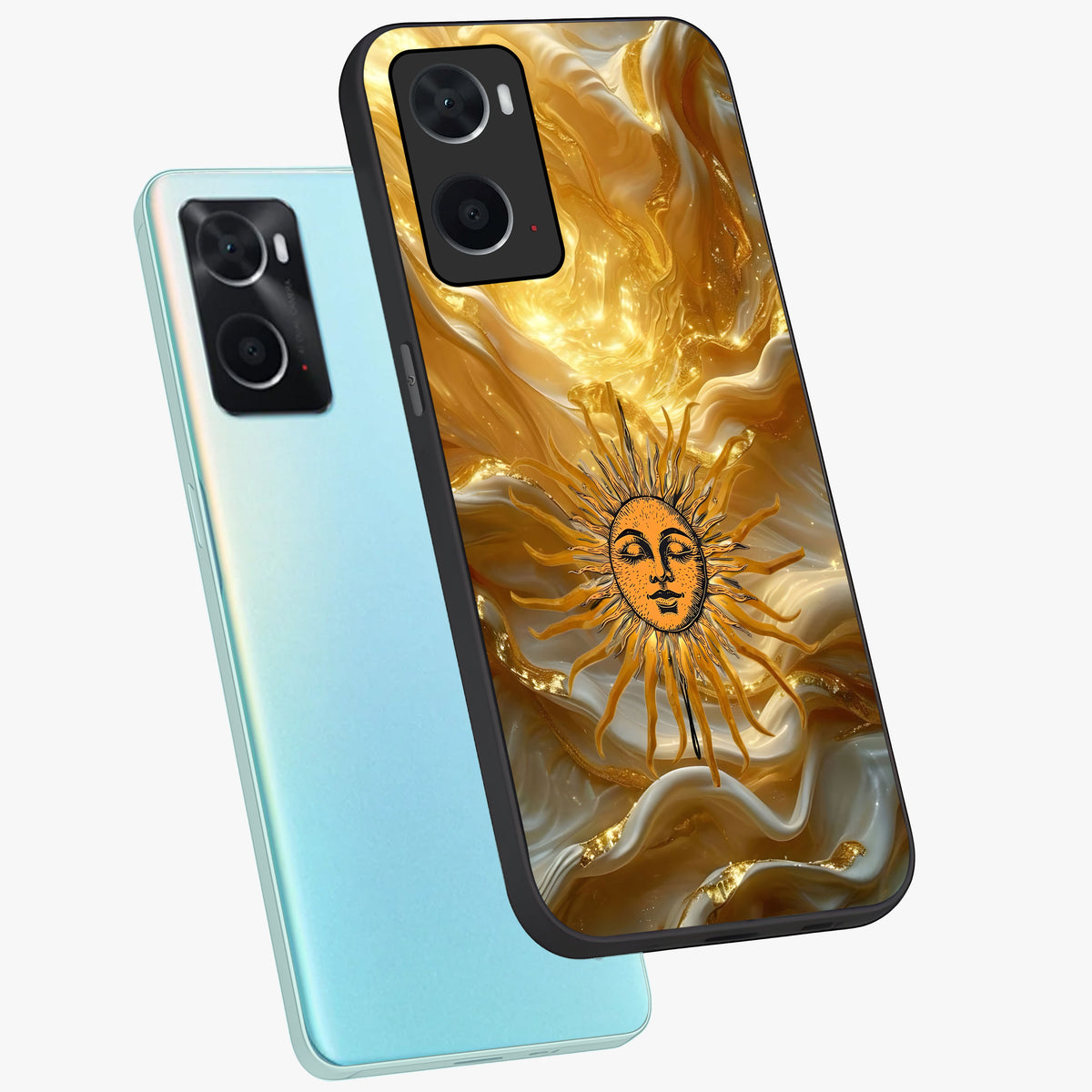 Eternal Golden Glow Glass Case displayed in angled mockup highlighting glowing golden aesthetic design with elegant style.