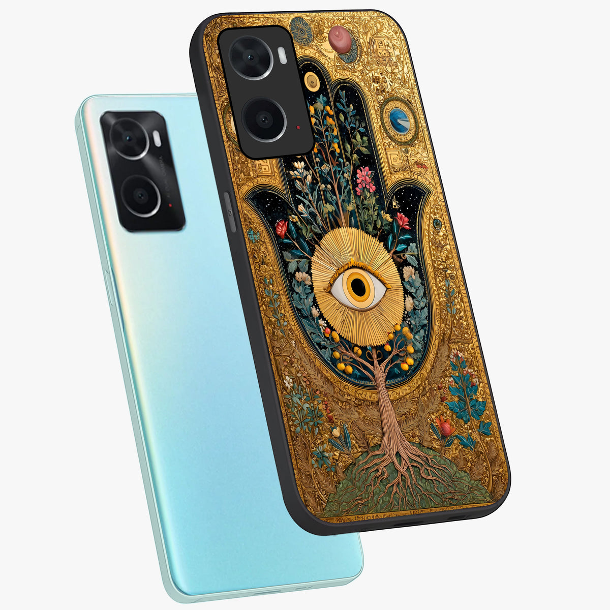Ethereal Evil Eye Glass Case displayed in angled mockup highlighting protective evil eye symbol with spiritual aesthetic design.