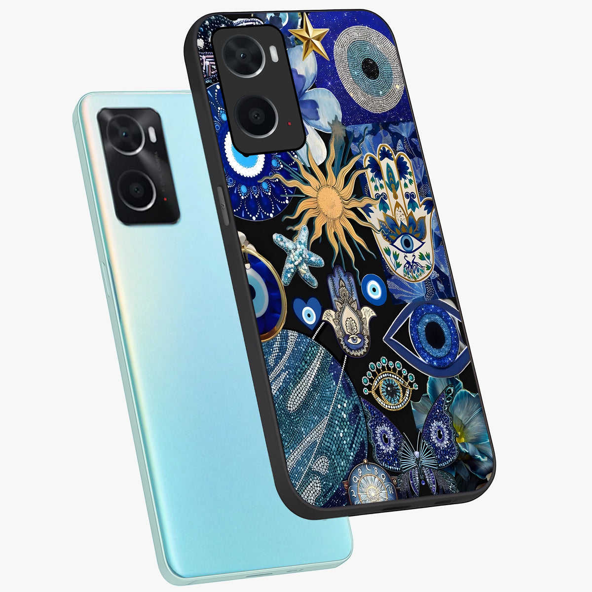 Evil Eye Charm Mix Glass Case displayed in angled mockup highlighting protective evil eye symbols with spiritual aesthetic design.