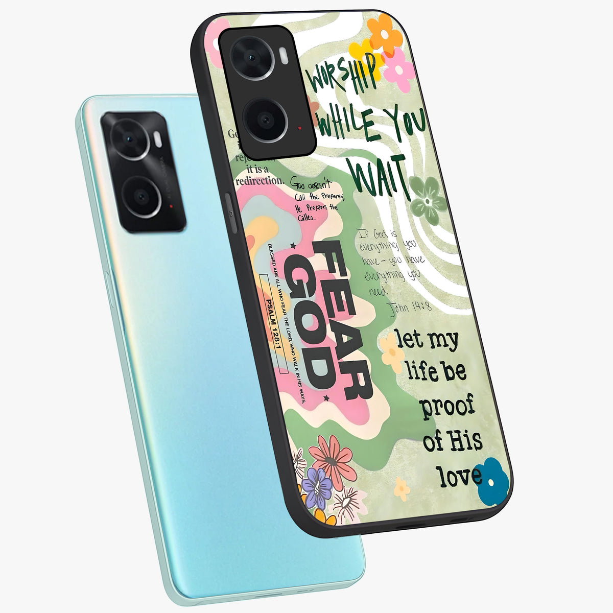 Faith Over Fear Glass Case displayed in angled mockup highlighting inspirational message design with modern aesthetic style.