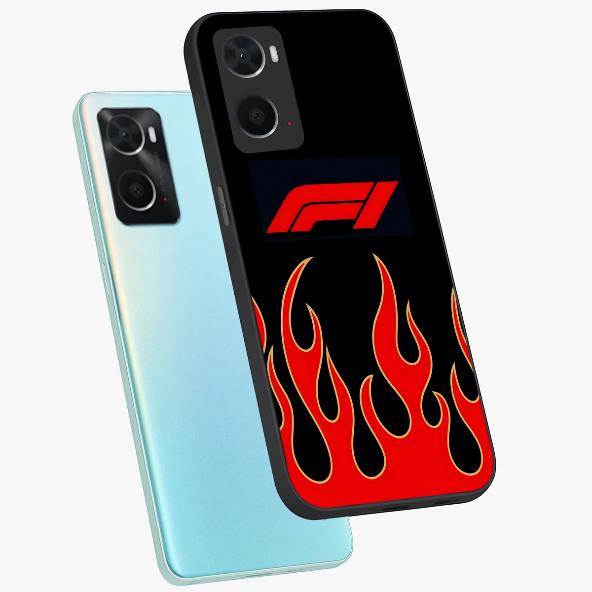 Fire F11 Glass Case displayed in angled mockup highlighting bold fire inspired graphic with energetic aesthetic style.