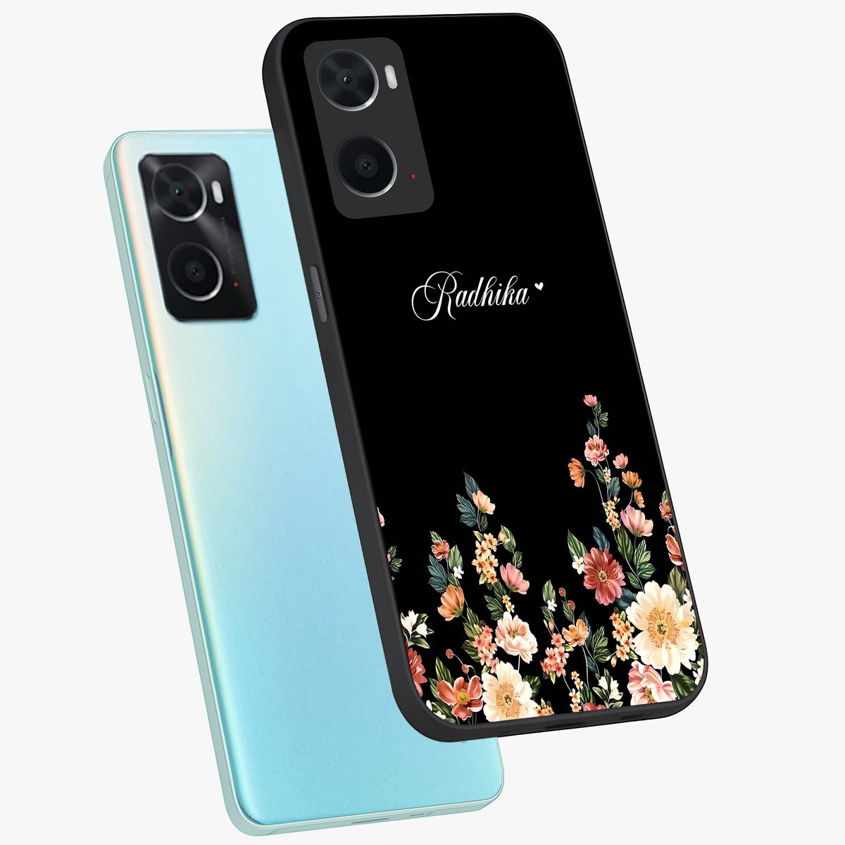 Floral Design With a Custom Personalized Name Glass Case displayed in angled mockup highlighting elegant floral pattern with custom name feature.