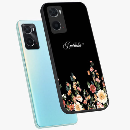 Floral Design With a Custom Personalized Name Glass Case displayed in angled mockup highlighting elegant floral pattern with custom name feature.