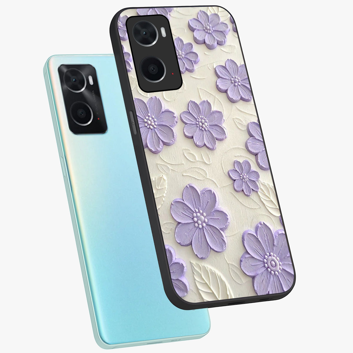 Floral Wall Art With Purple Flowers Glass Case displayed in angled mockup highlighting vibrant purple floral illustration with artistic aesthetic.
