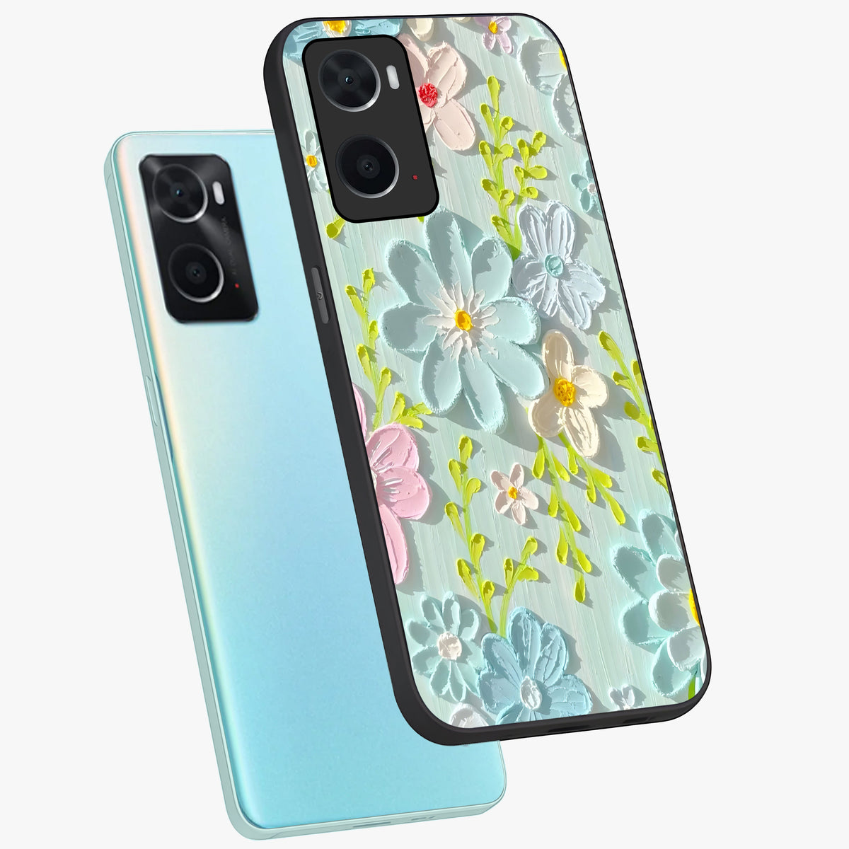 Frosted Petal Garden Glass Case displayed in angled mockup highlighting delicate flower petal design with calm garden aesthetic.