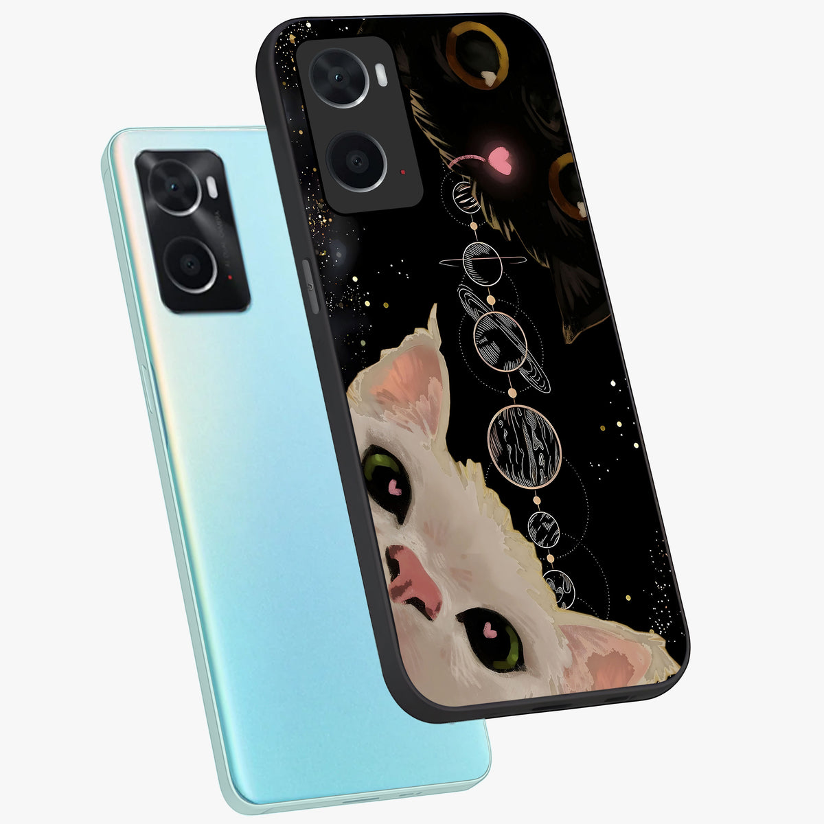 Galactic Cat Glass Case displayed in angled mockup highlighting celestial feline illustration with galaxy aesthetic style.