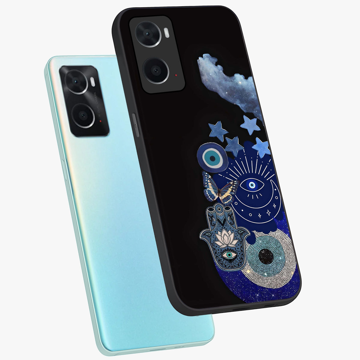 Galactic Charm Cluster Glass Case displayed in angled mockup highlighting luminous galaxy inspired design with dreamy aesthetic.