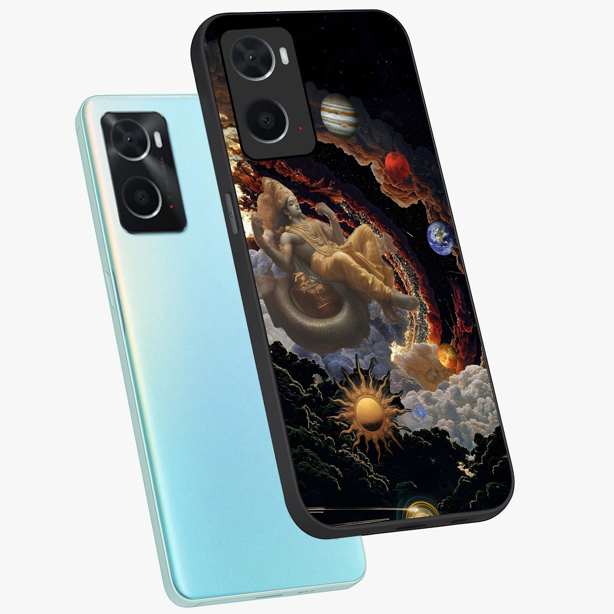 Galactic Divine God Glass Case displayed in angled mockup highlighting powerful celestial deity illustration with galactic aesthetic.