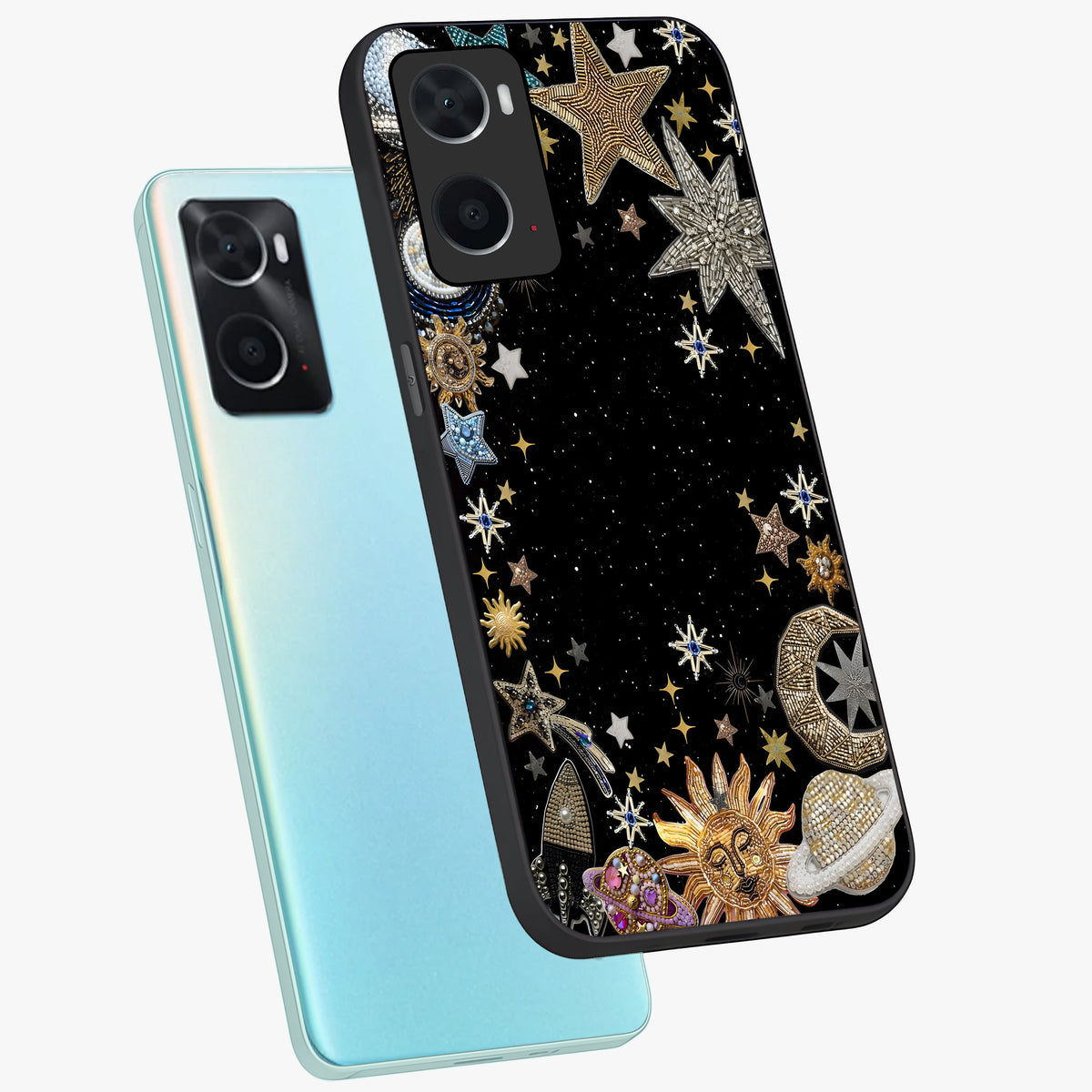Galactic Jewel Stars Glass Case displayed in angled mockup highlighting shining celestial star design with cosmic aesthetic style.