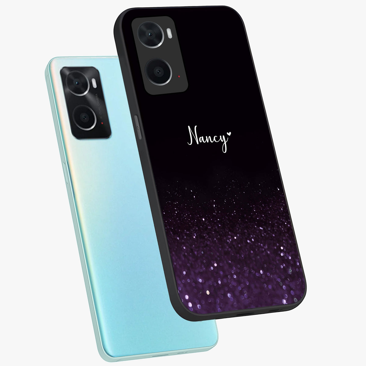 Glittery Purple Bokeh Custom Name Glass Case displayed in angled mockup highlighting glitter bokeh pattern with custom name feature.