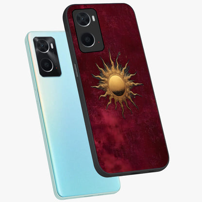 Golden Sun Minimalism Glass Case displayed in angled mockup highlighting clean sun symbol design with modern minimal aesthetic.