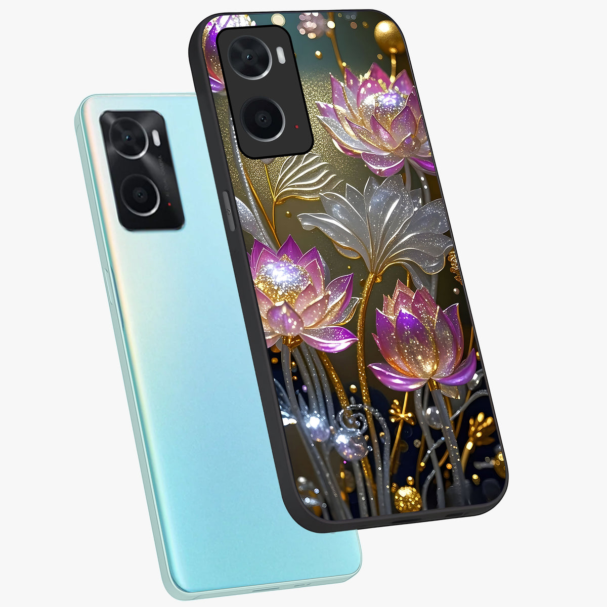 Golden Floral Majesty Glass Case displayed in angled mockup highlighting elegant flower design with royal golden aesthetic.