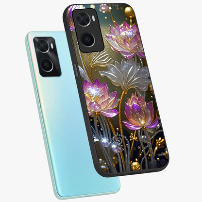 Golden Floral Majesty Glass Case displayed in angled mockup highlighting elegant flower design with royal golden aesthetic.