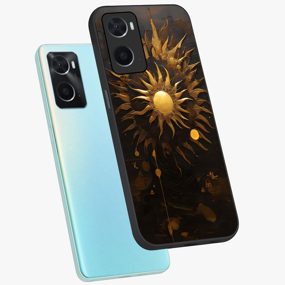Golden Sun Majesty Glass Case displayed in angled mockup highlighting eerie shadow illustration with gothic aesthetic.