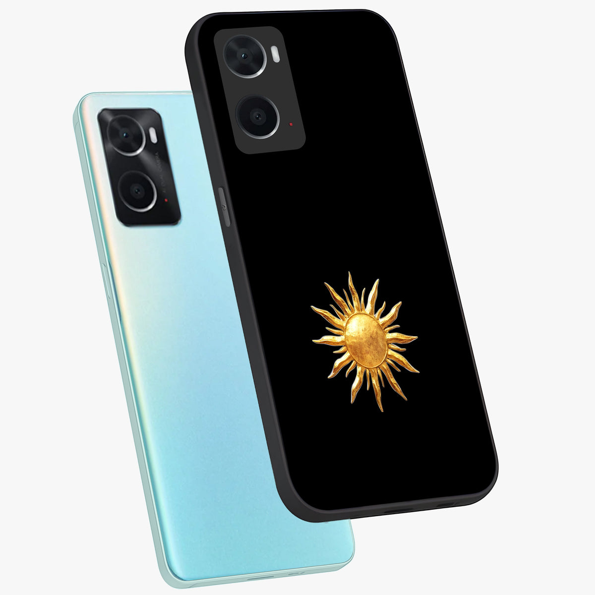 Golden Sun Minimalism Glass Case displayed in angled mockup highlighting eerie shadow illustration with gothic aesthetic.