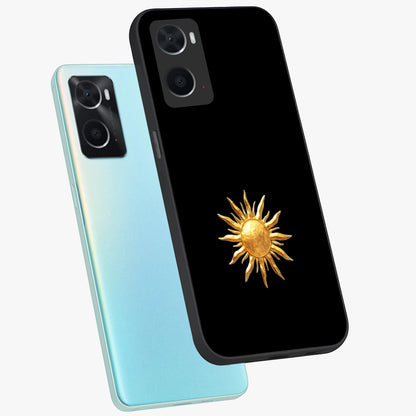 Golden Sun Minimalism Glass Case displayed in angled mockup highlighting eerie shadow illustration with gothic aesthetic.