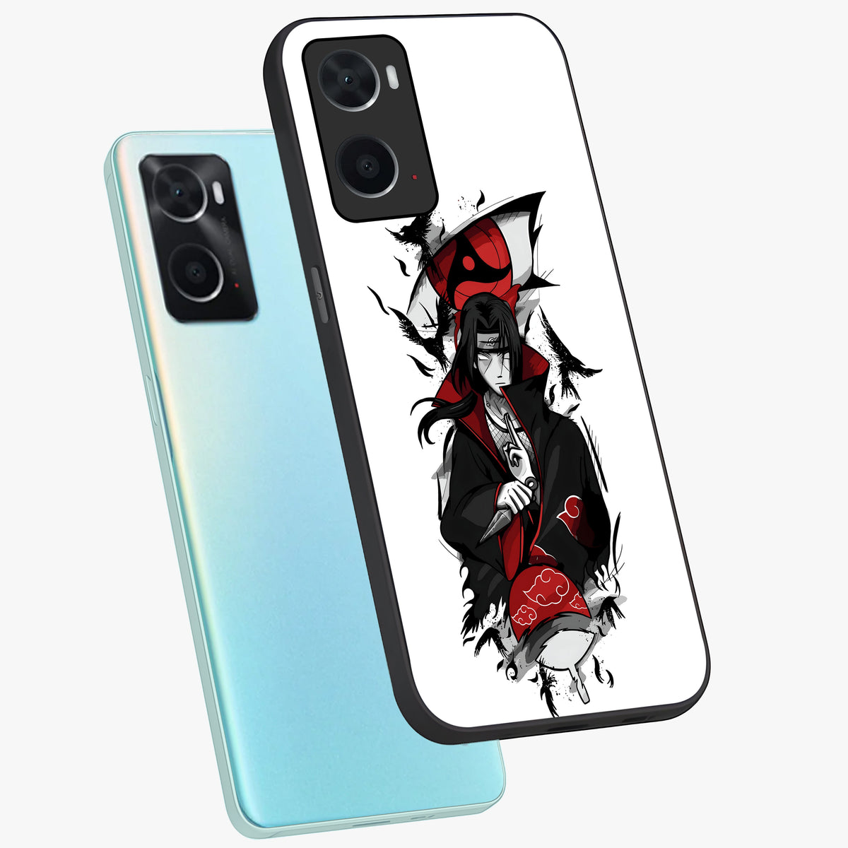 Itachi Limited Edition Naruto Anime Glass Case displayed in angled mockup highlighting dramatic anime illustration with bold action aesthetic.