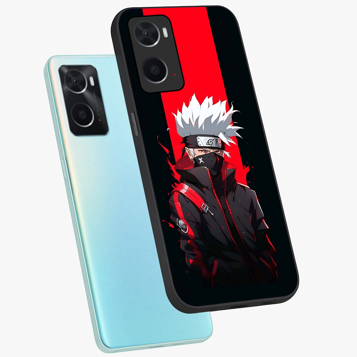 Kakashi Scarlet Shadow Glass Case displayed in angled mockup highlighting dramatic ninja illustration with scarlet themed aesthetic.