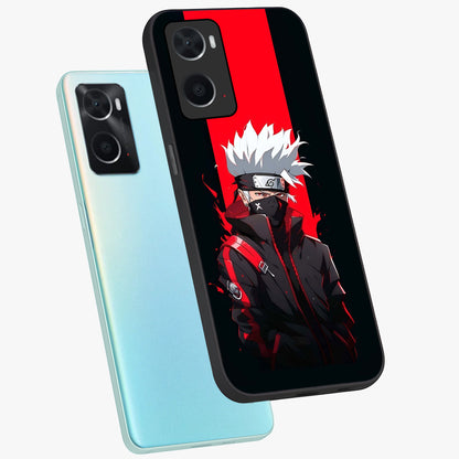Kakashi Scarlet Shadow Glass Case displayed in angled mockup highlighting dramatic ninja illustration with scarlet themed aesthetic.