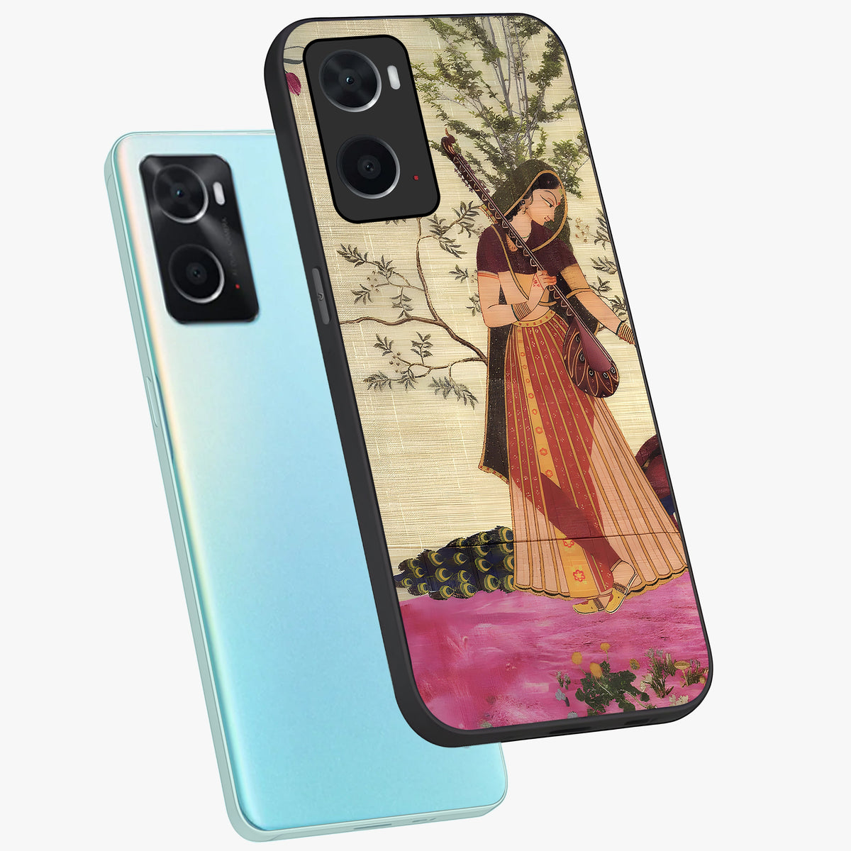 Lady With Veena Art Glass Case displayed in angled mockup highlighting graceful musical illustration with cultural artistic aesthetic.
