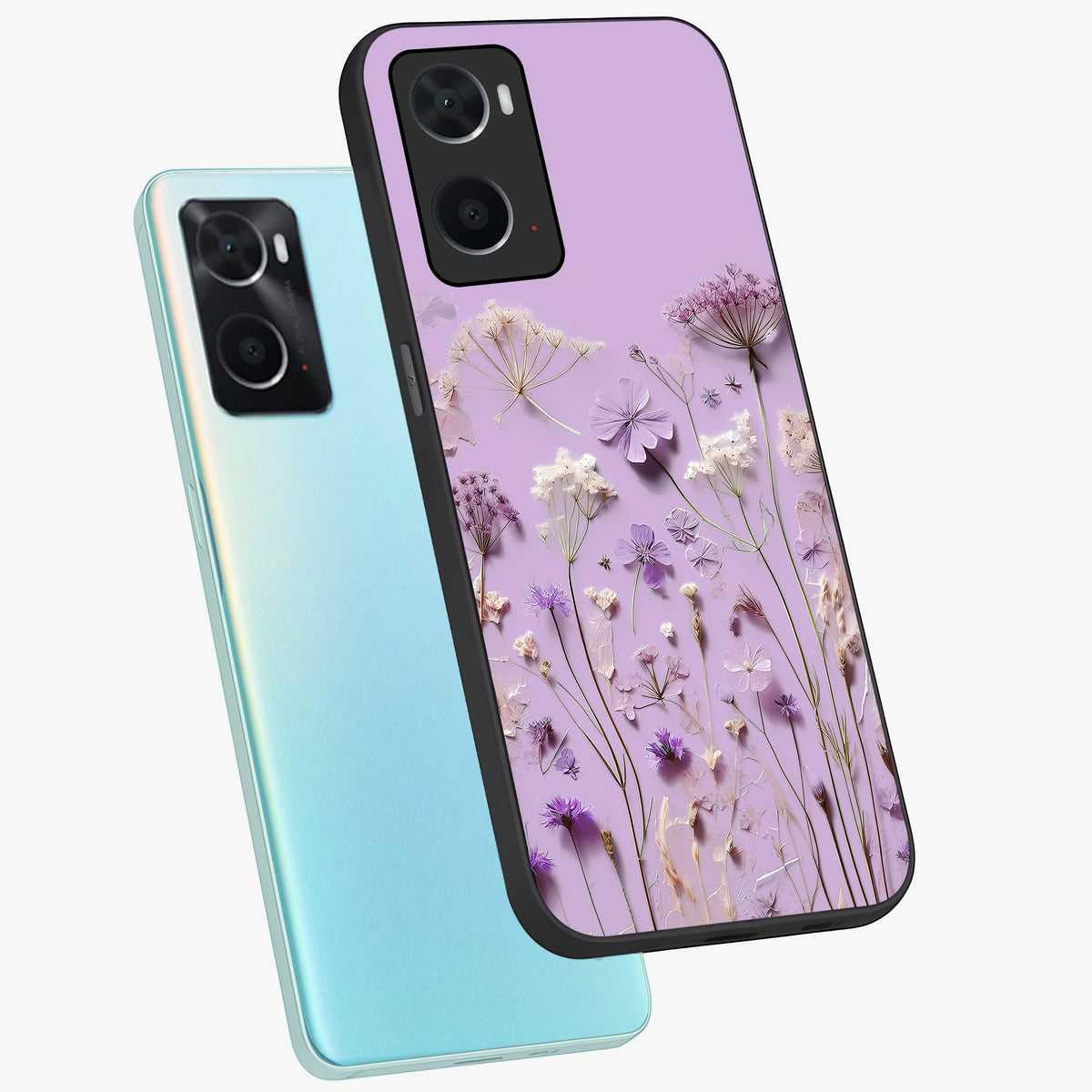 Lavender Blossom Dream Glass Case displayed in angled mockup highlighting dreamy lavender flower design with calming aesthetic style.